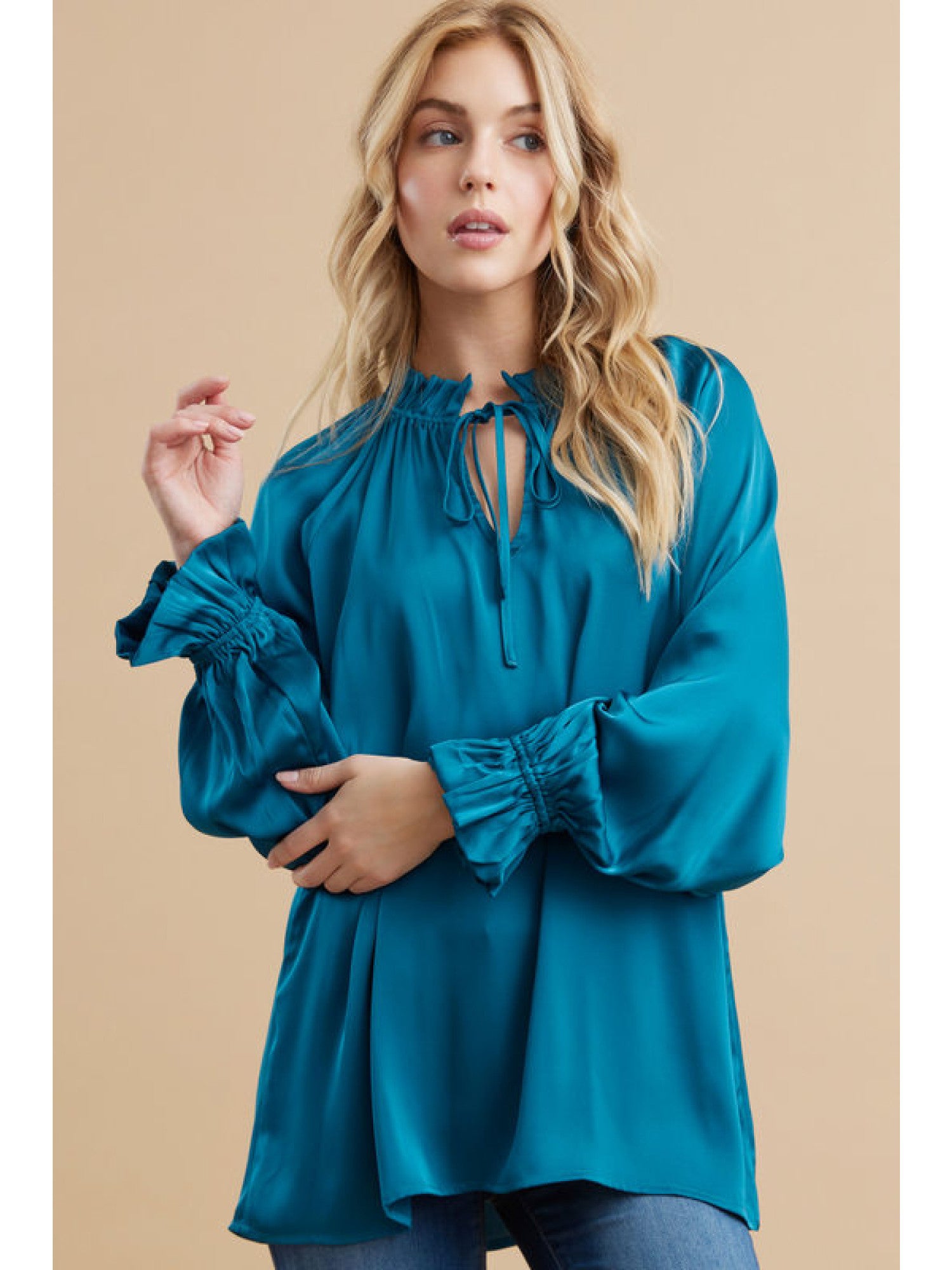 Teal Satin Top with Self Tie