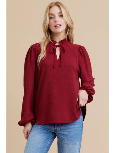 Solid Top with Frilled Self-Tie Neck Blouse