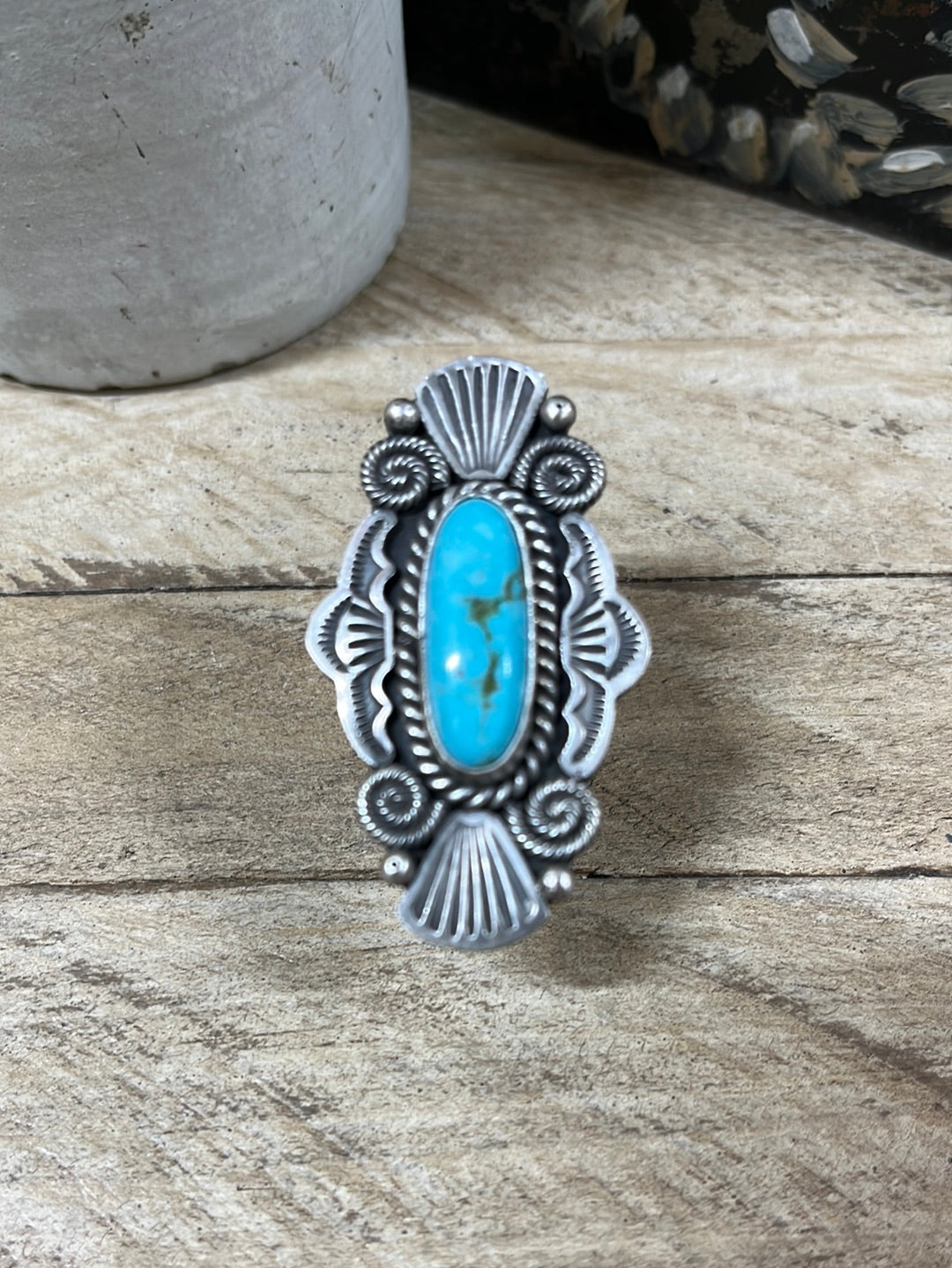 Gunnison Sterling Framed Turquoise Oval Ring - size 8