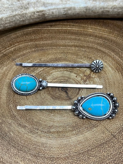 Buttercup Concho, Oval & Teardrop Stone Hair Pin Set - Turquoise