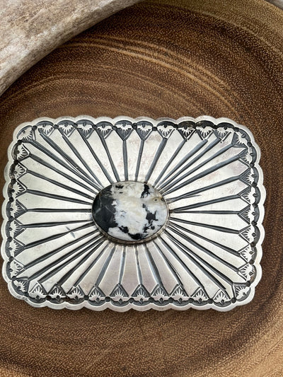 May Sterling Silver and White Buffalo Stamped Belt Buckle
