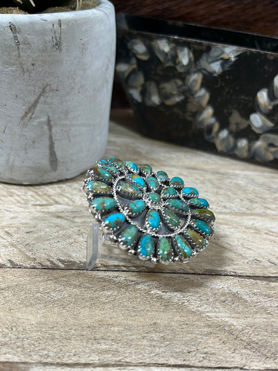 Dixie Curved Sterling Zuni Cluster Ring - Turquoise