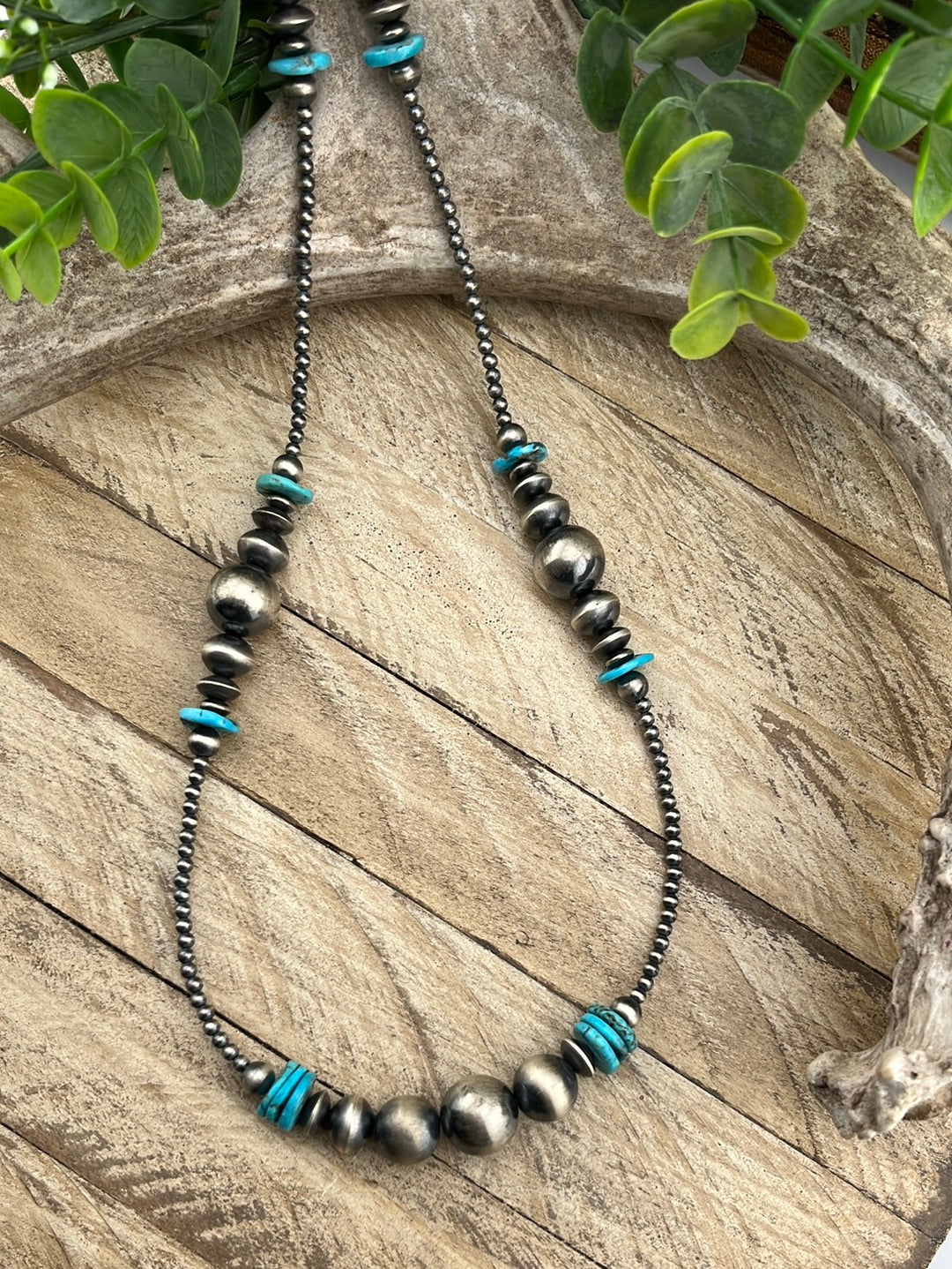 Denali Sterling Silver Saucer Bead & Navajo Pearl with Turquoise Necklace