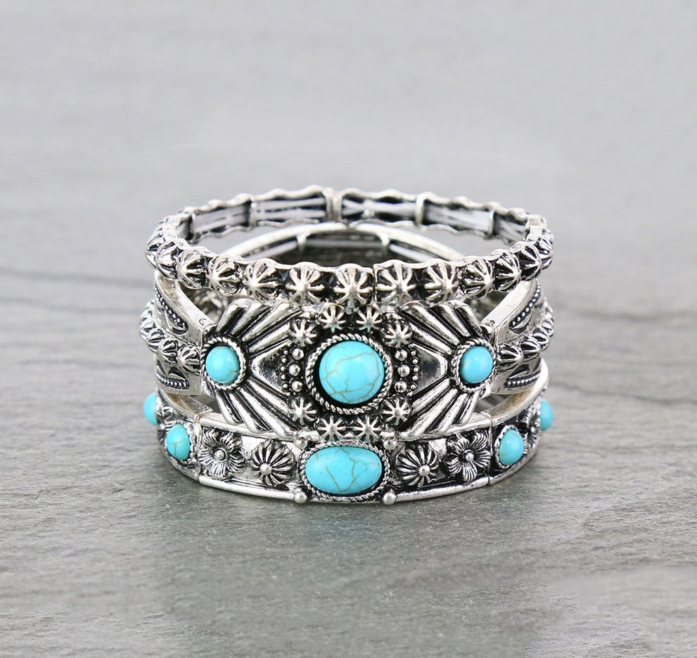 Curry Set of 3 Fashion Stackable Stretch Bracelets - Turquoise