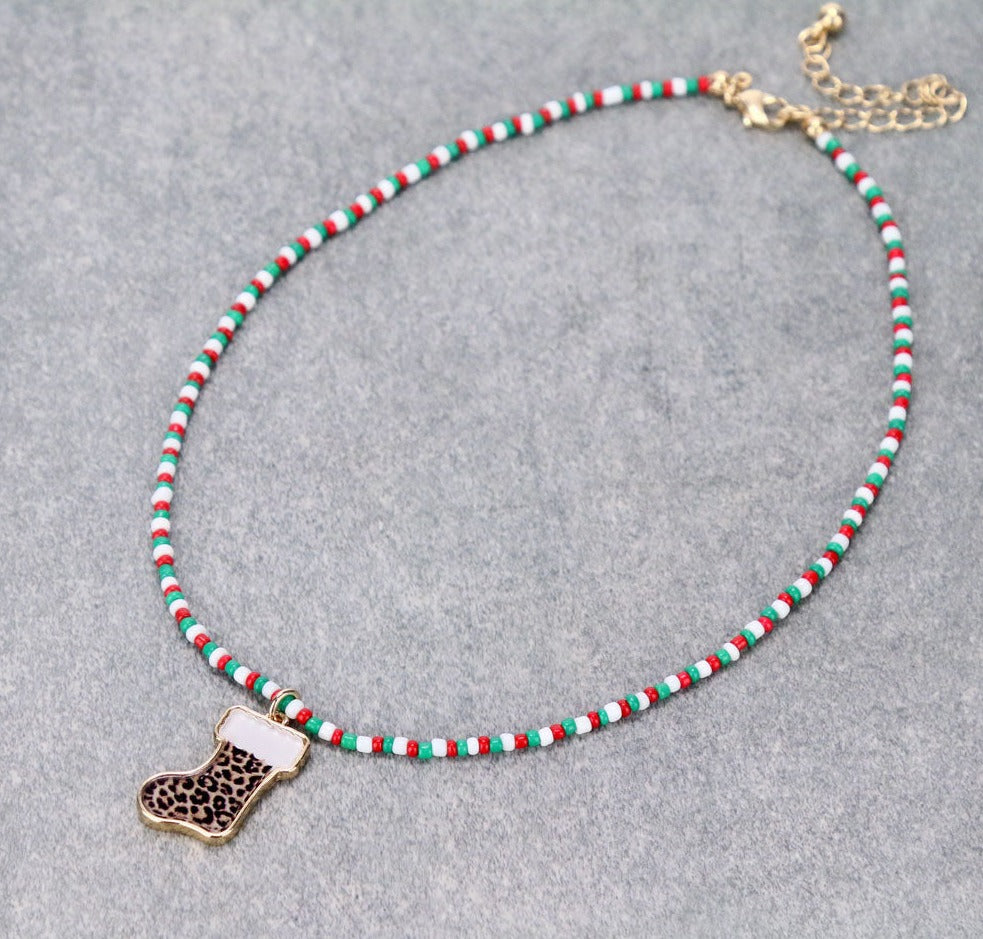 Holiday Leopard Stocking Seed Bead Necklace
