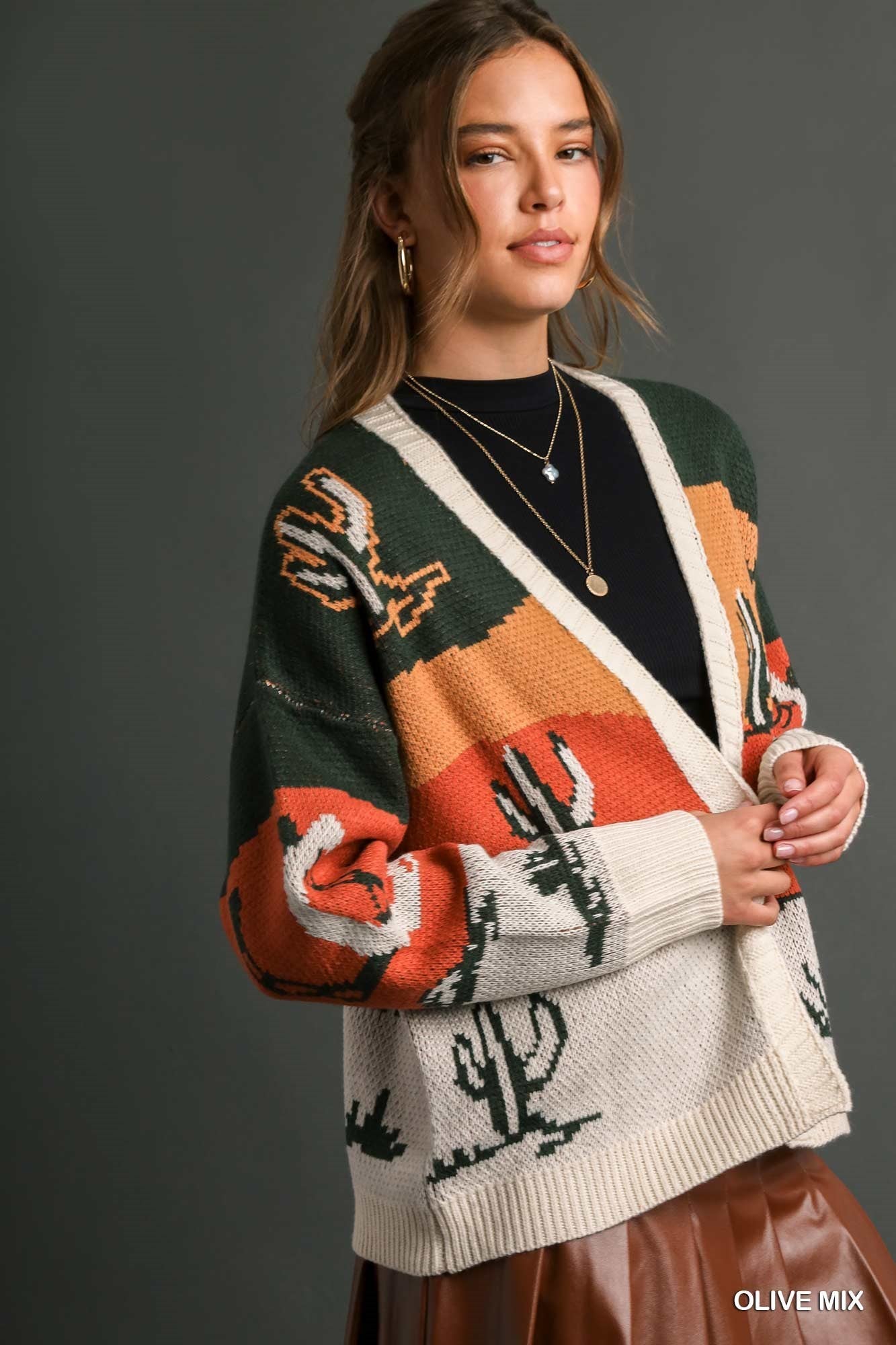 Cactus Print Open Front Pullover Sweater