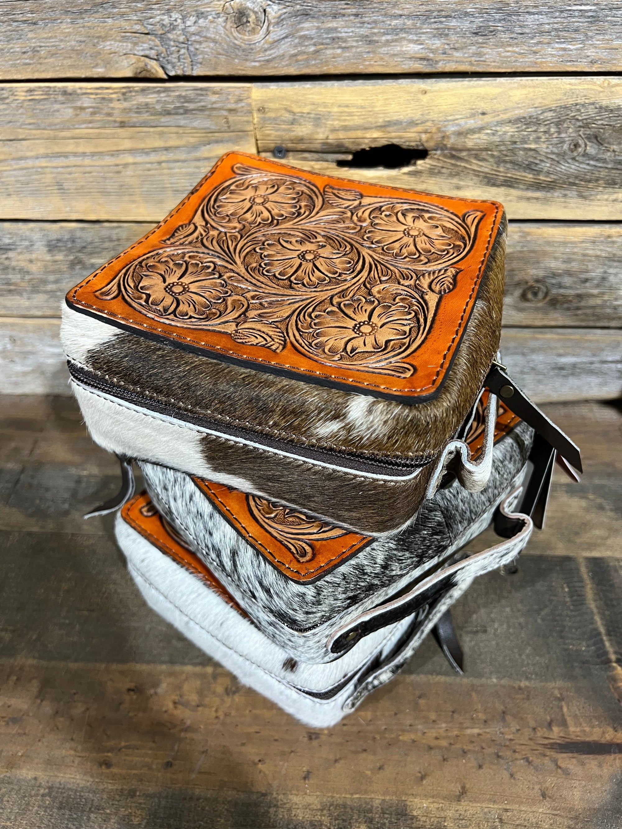 Brown Cowhide with Tooled Leather Jewelry Box