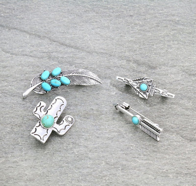 Cactus Arrow Spearhead Fashion Silver Pin Set - Turquoise