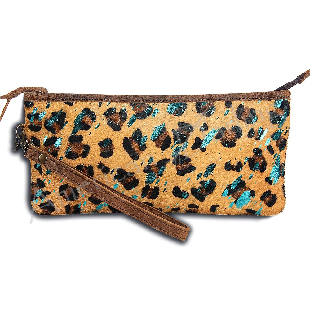 Leopard and Turquoise Hair On Wristlet