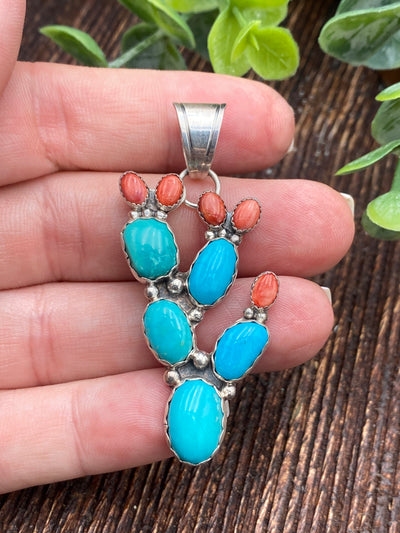 Nocona Sterling Cactus Pendant - Turquoise & Spiny