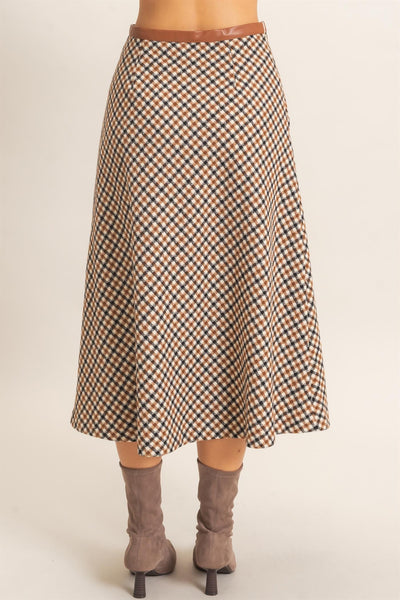 back view of camel checkered skirt