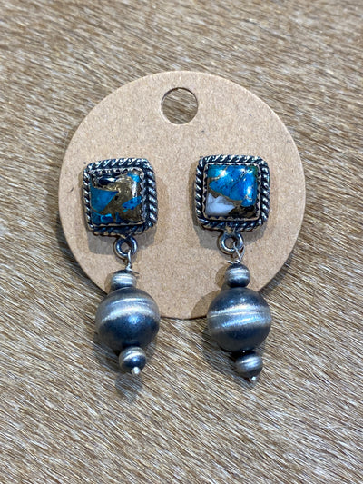 Hada Collection Square Post Navajo Pearl Drop Sterling Earrings