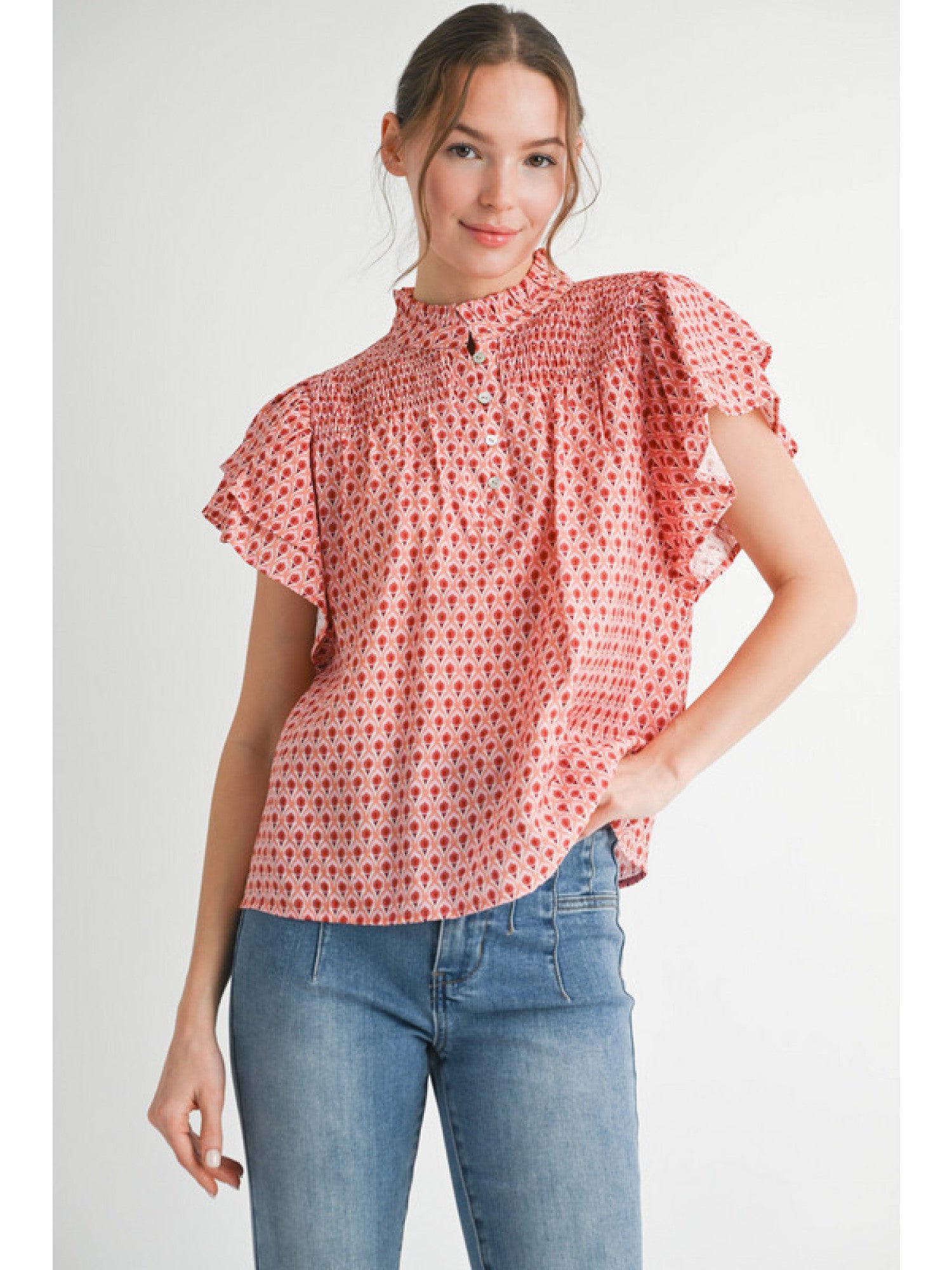 Tilly Geometric Print Ruffle Collar Blouse