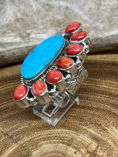 Catherine Sterling Turquoise & Half Circle Spiny Ring - Adjustable