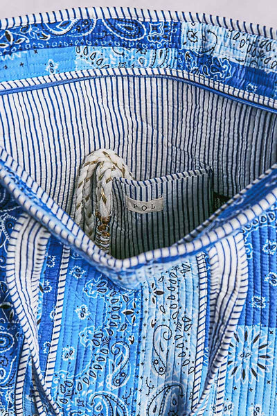 Quilted Striped Binding Roomy Fit Blue Tote Bag