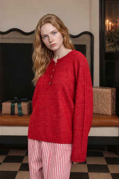 Novelty Holiday Button Henley Pullover Sweater