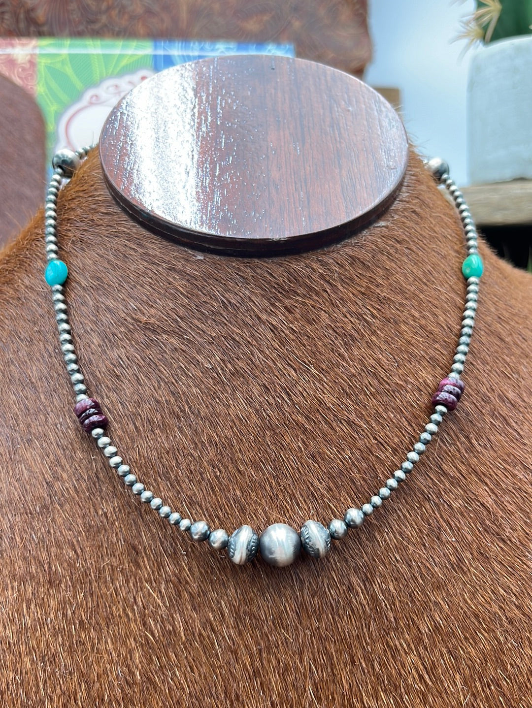 Ida Sterling Navajo Pearl Necklace With Purple Spiny & Turquoise Accents - 16"
