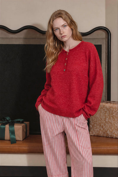 Novelty Holiday Button Henley Pullover Sweater