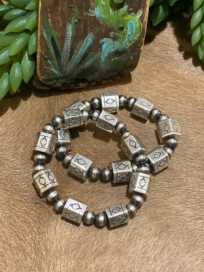 Cabrini Sterling Hex Bead & Navajo Pearl Stretch Bracelet