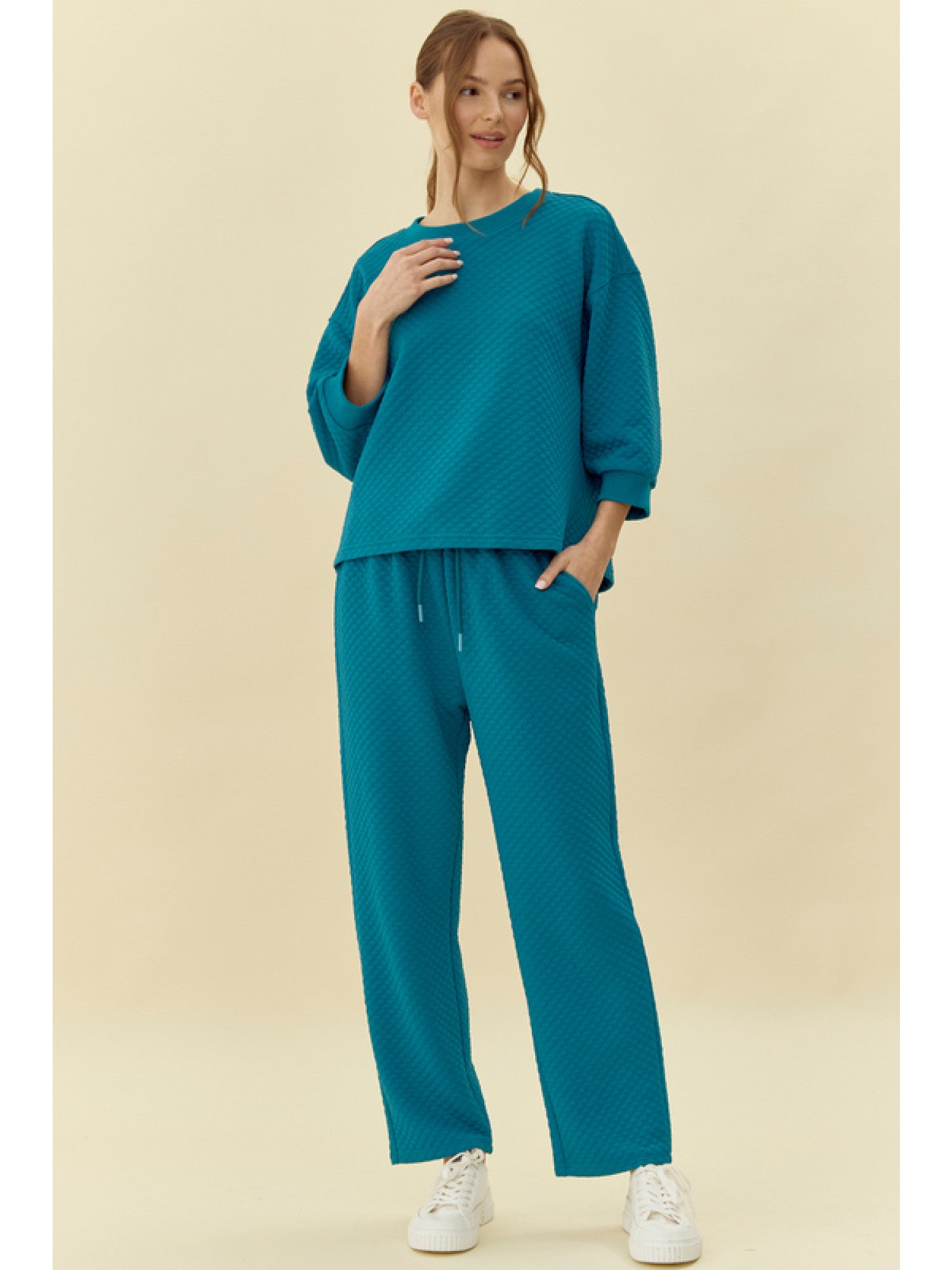 Take It Easy Textured 3/4 Sleeve Top & Drawstring Pant Set