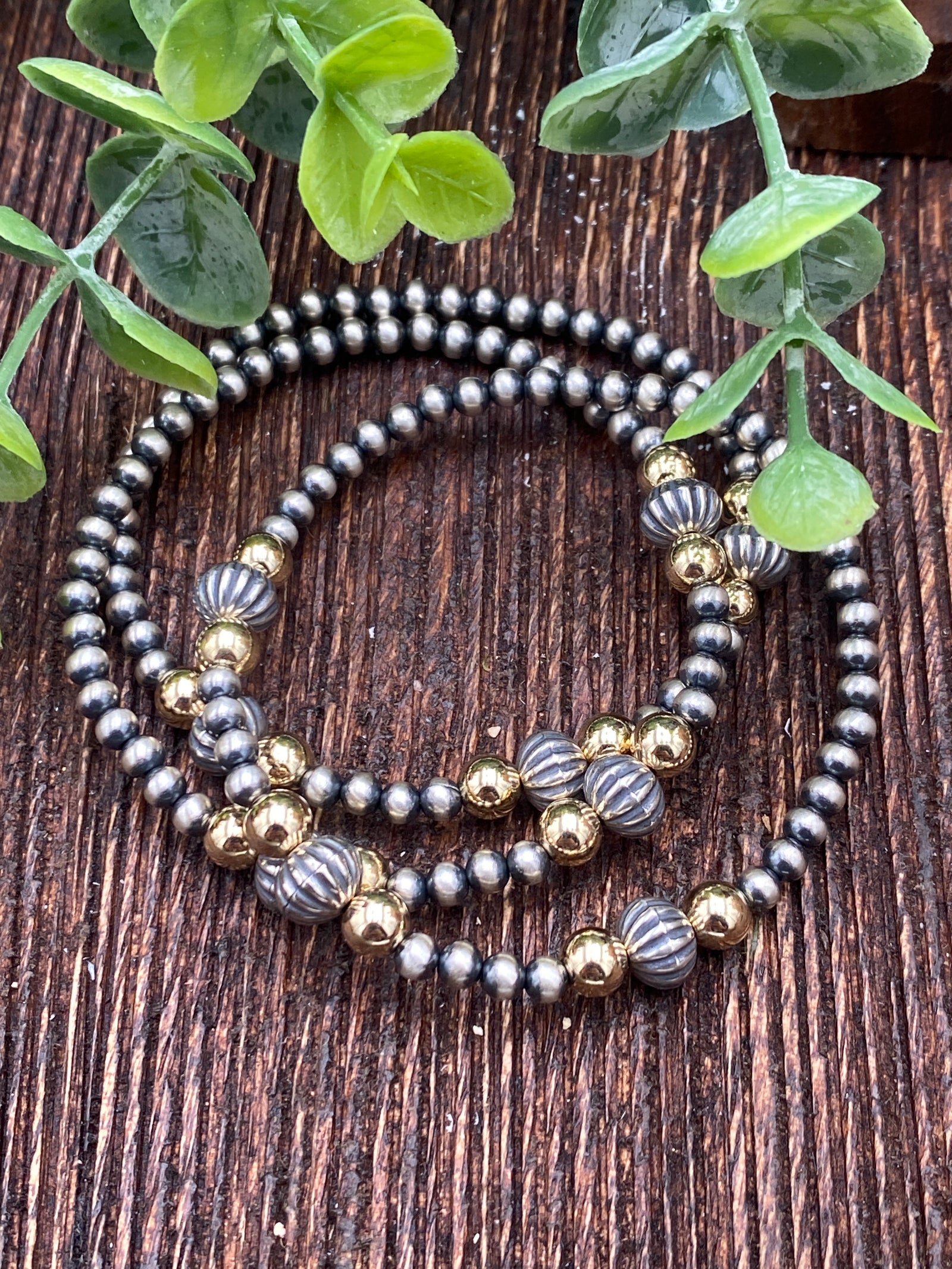 Axis Sterling 4mm Navajo, Stamped Bead & Gold Bracelet