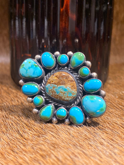 Chaldean Sonoran Gold Turquoise Cluster Sterling Ring - Adjustable