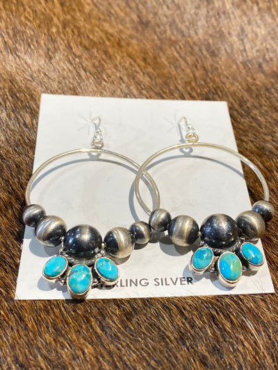 Brant Sterling Wire Hoop Earrings With Navajo Beads & 3 Stones - 1.25"