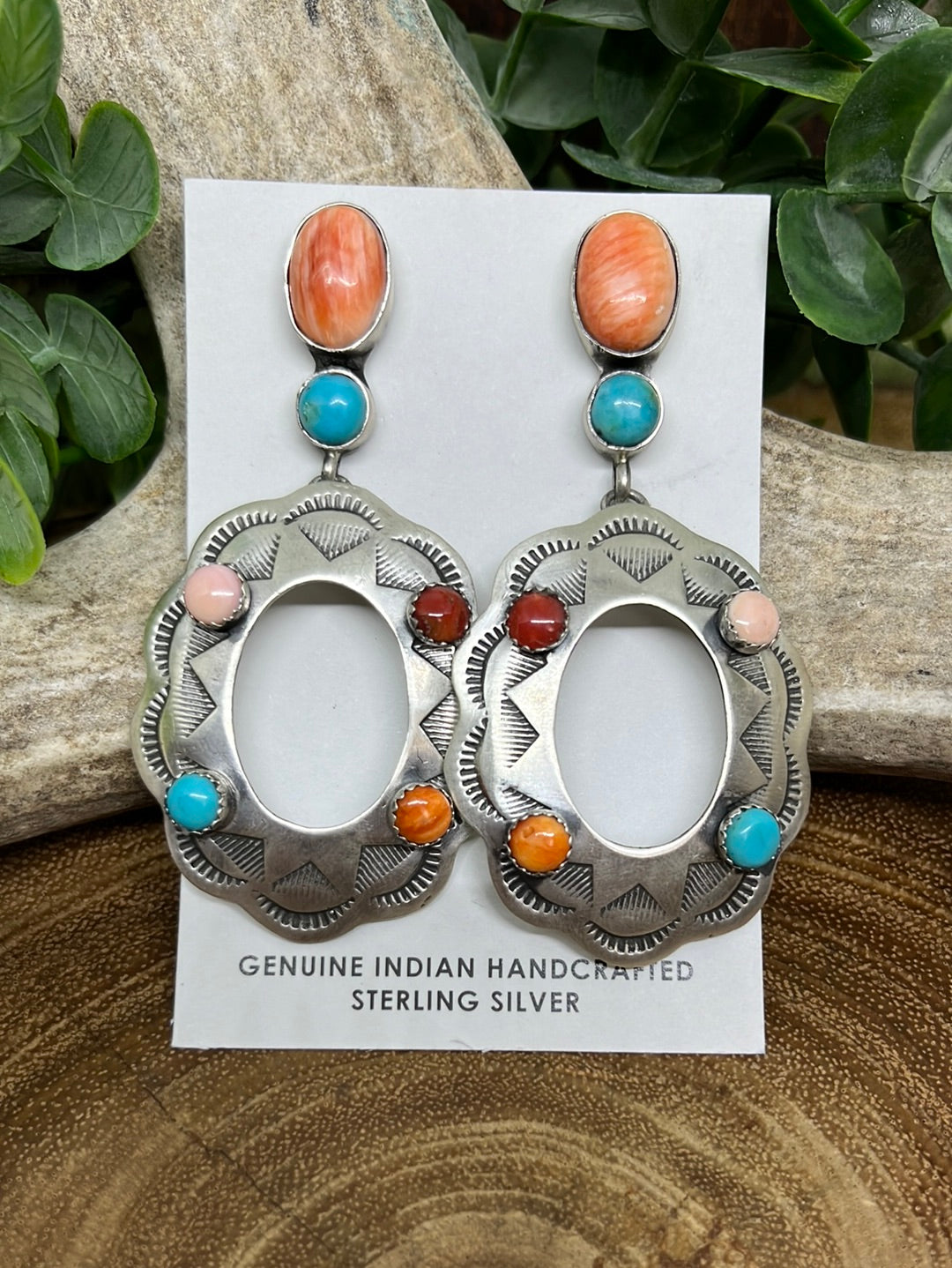 Juniper Sterling Turquoise, Spiny & Pink Stamped Oval Drop Earrings