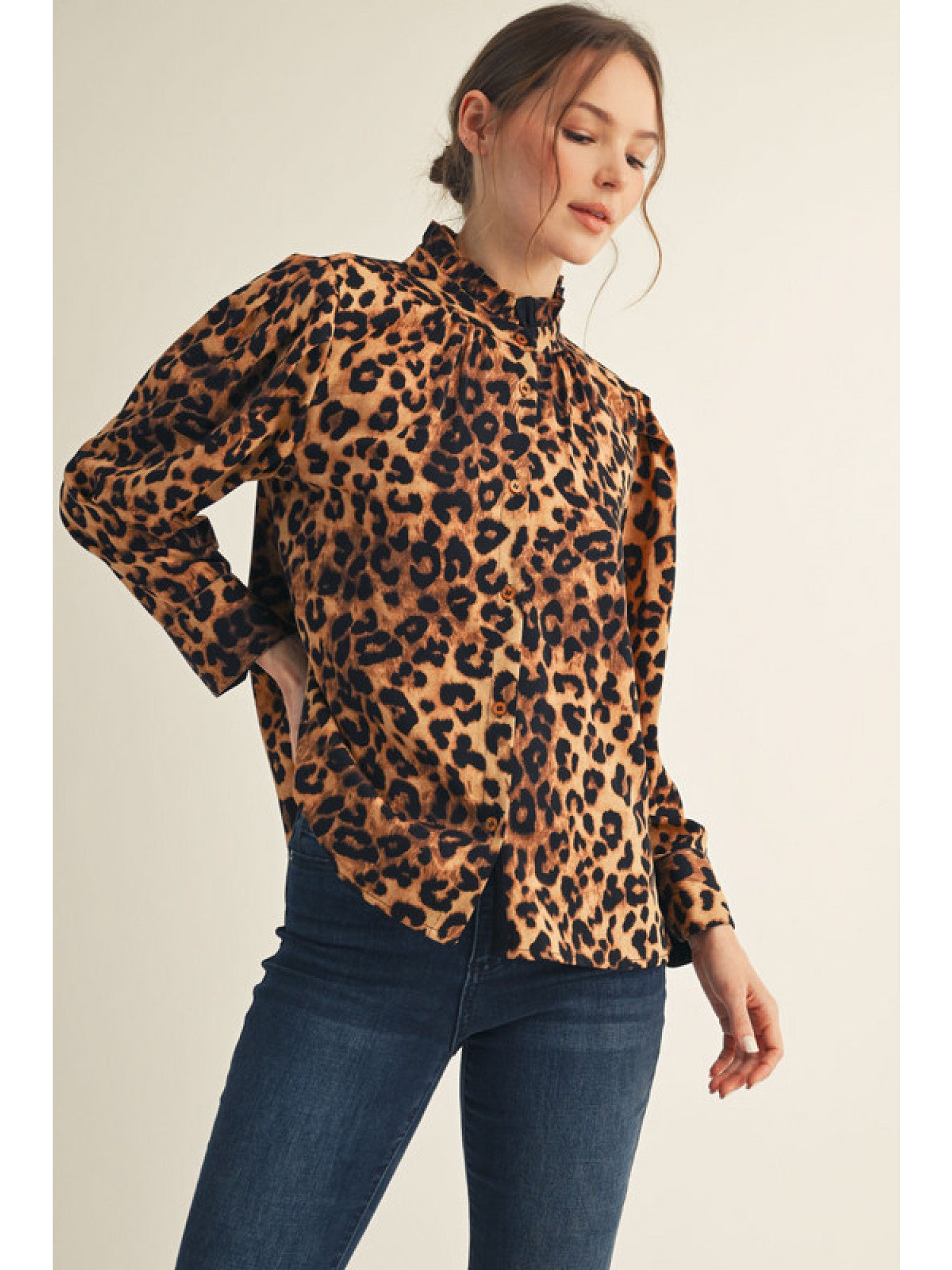 Leopard Ruffle Neck Blouse