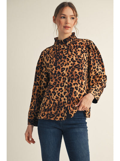Leopard Ruffle Neck Blouse