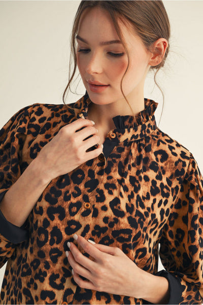 Leopard Ruffle Neck Blouse
