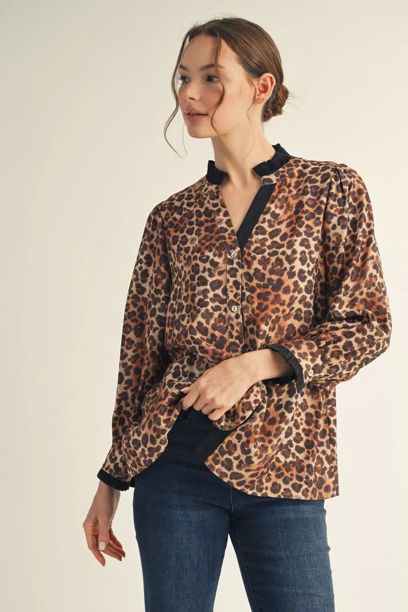 Mel V Neck Ruffle Trim Leopard Top
