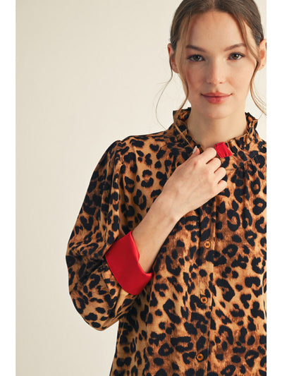 Leopard Ruffle Neck Blouse