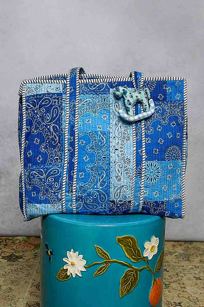 Quilted Striped Binding Roomy Fit Blue Tote Bag