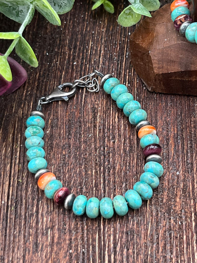 Cuero Sterling Navajo Saucer, Turquoise & Spiny Bracelet - 8"