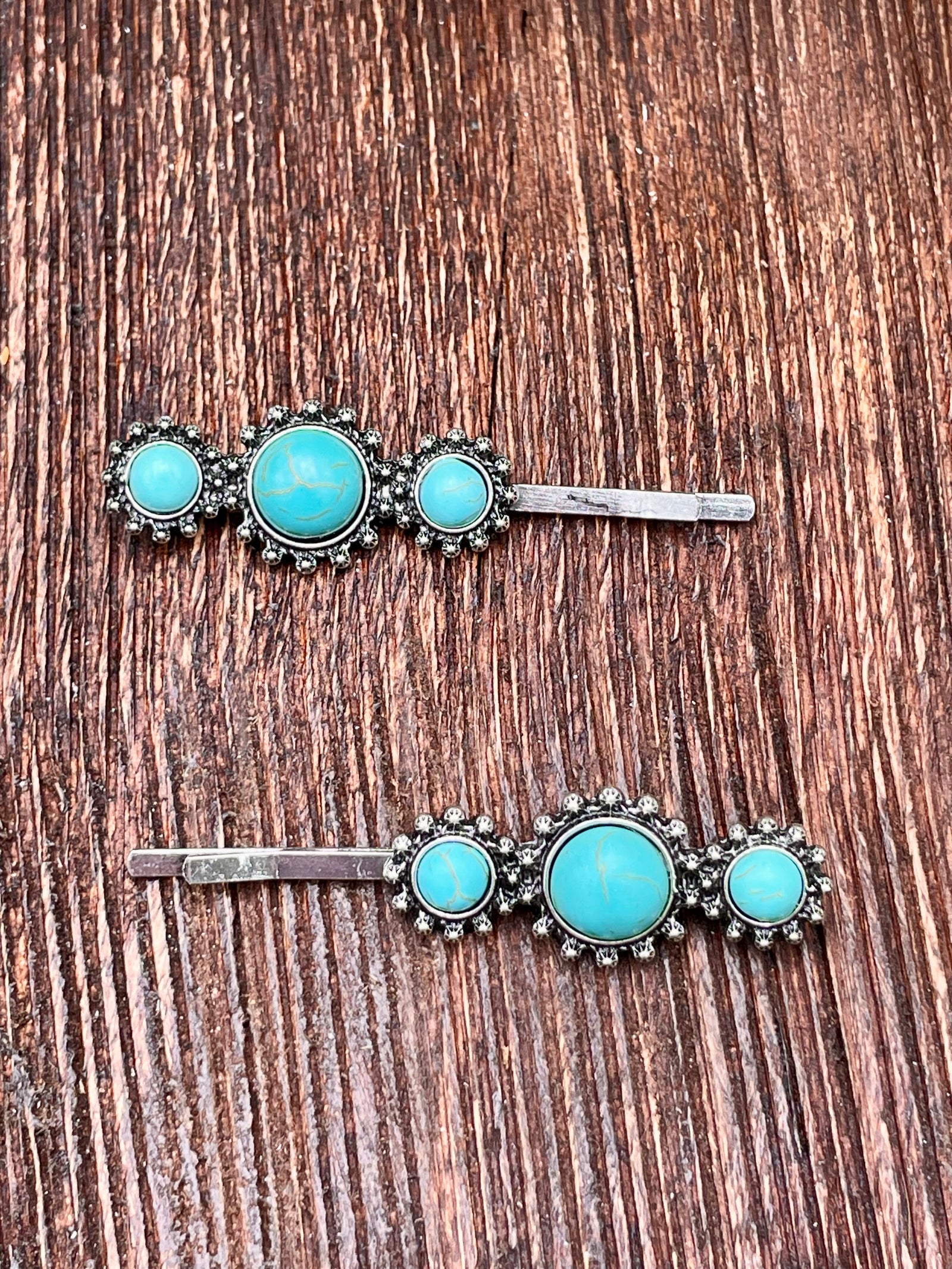 Sugar Triple Round Stone Fashion Silver Hair Pin Set - Turquoise