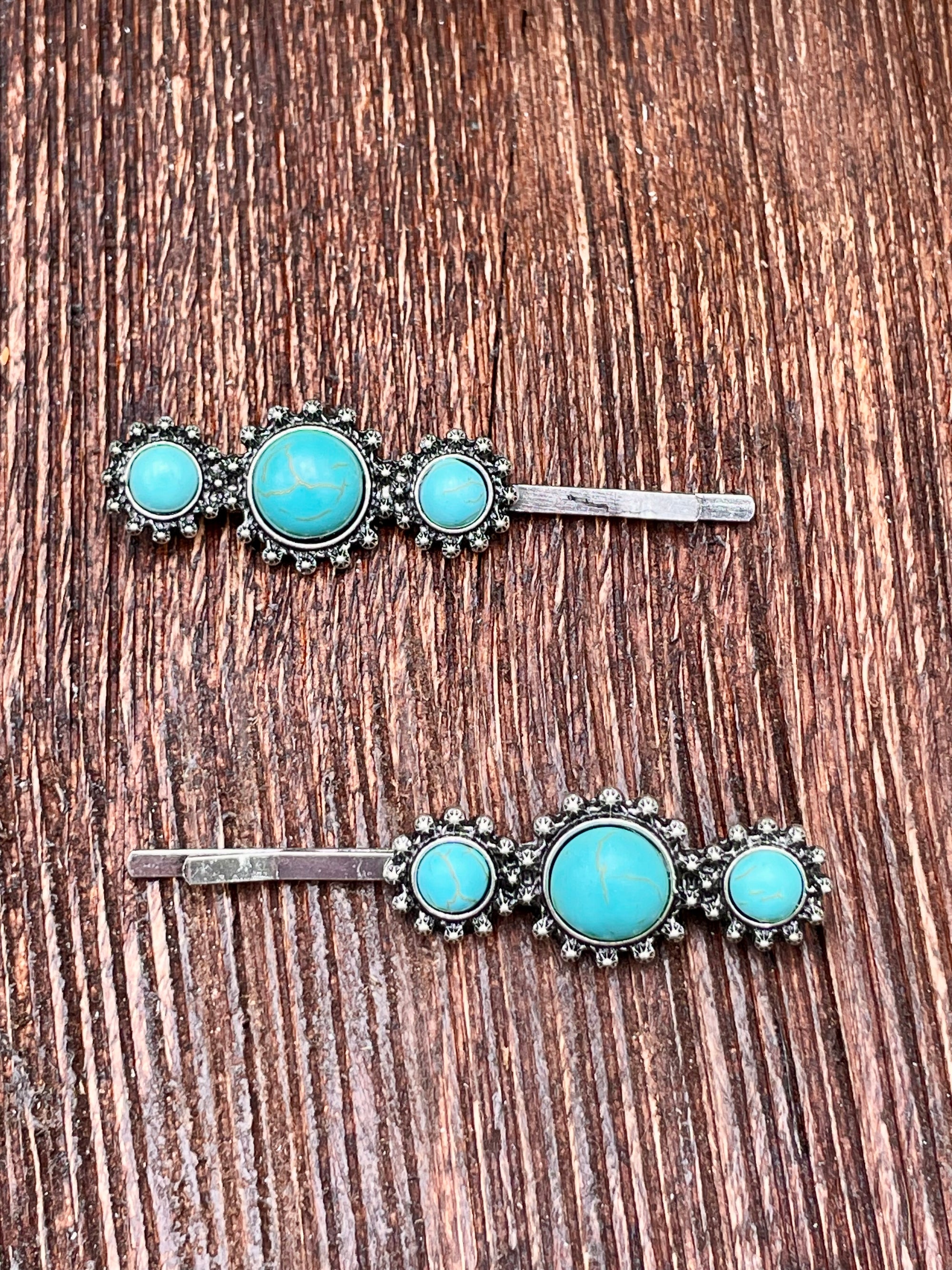 Sugar Triple Round Stone Fashion Silver Hair Pin Set - Turquoise