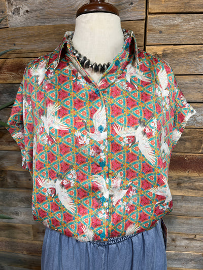 Lori Salmon & Green Oriental Print Blouse