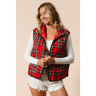 Red Tartan Plaid Puffer Vest