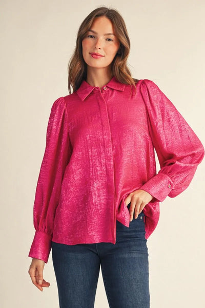 Party Pink Metallic Puff Shoulder Blouse