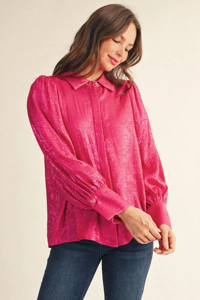 Party Pink Metallic Puff Shoulder Blouse