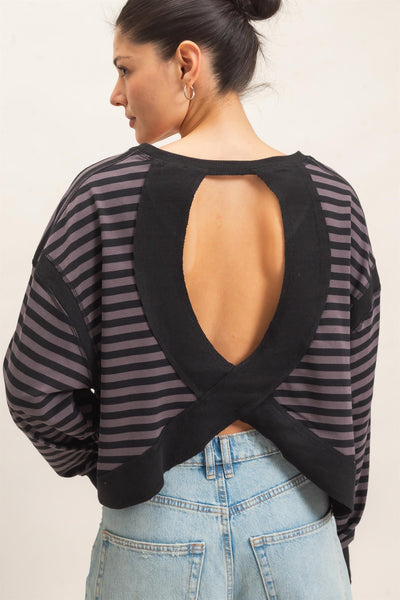 close up of black striped open back sweater