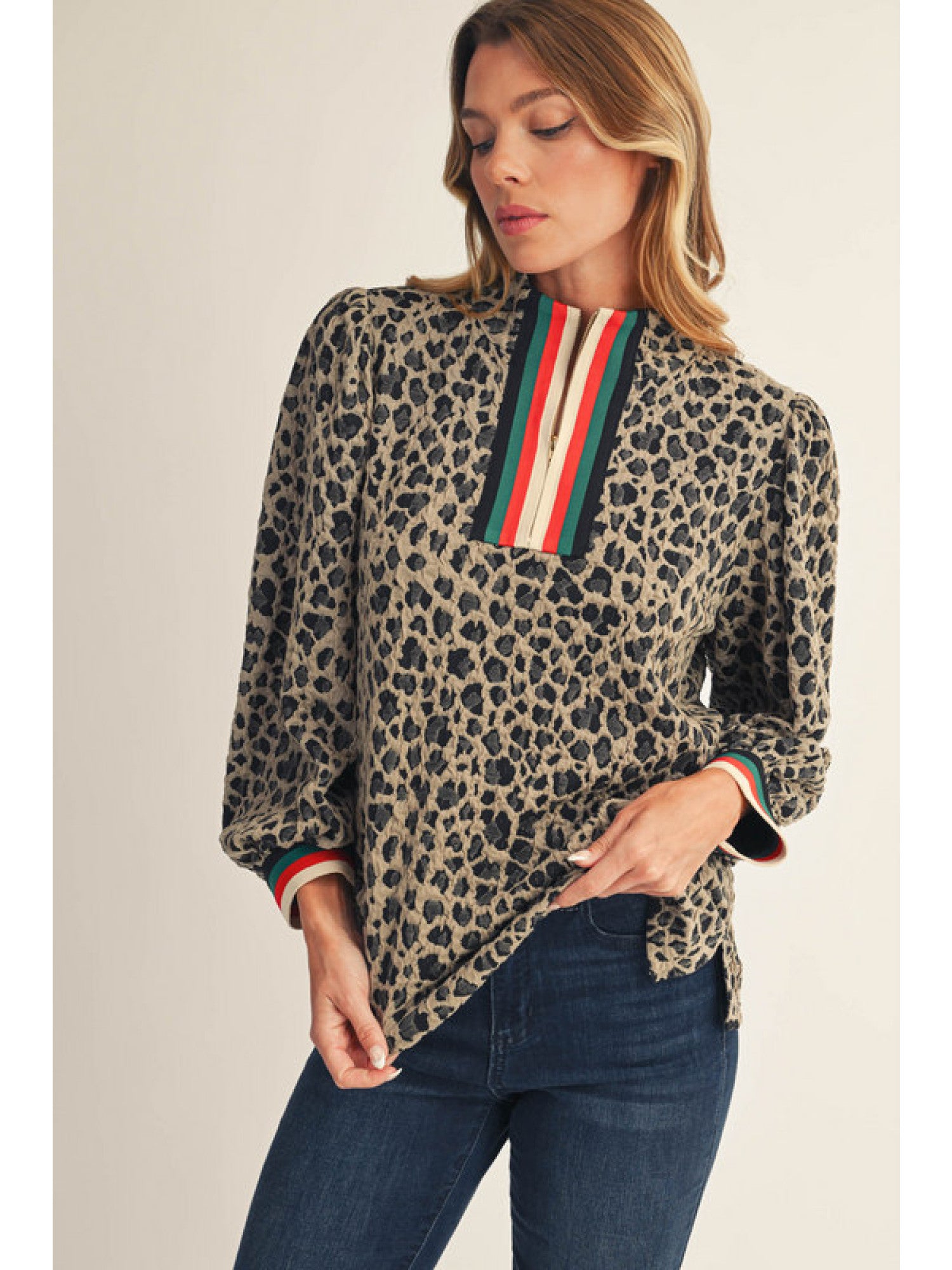 Leopard Striped Zip Pullover