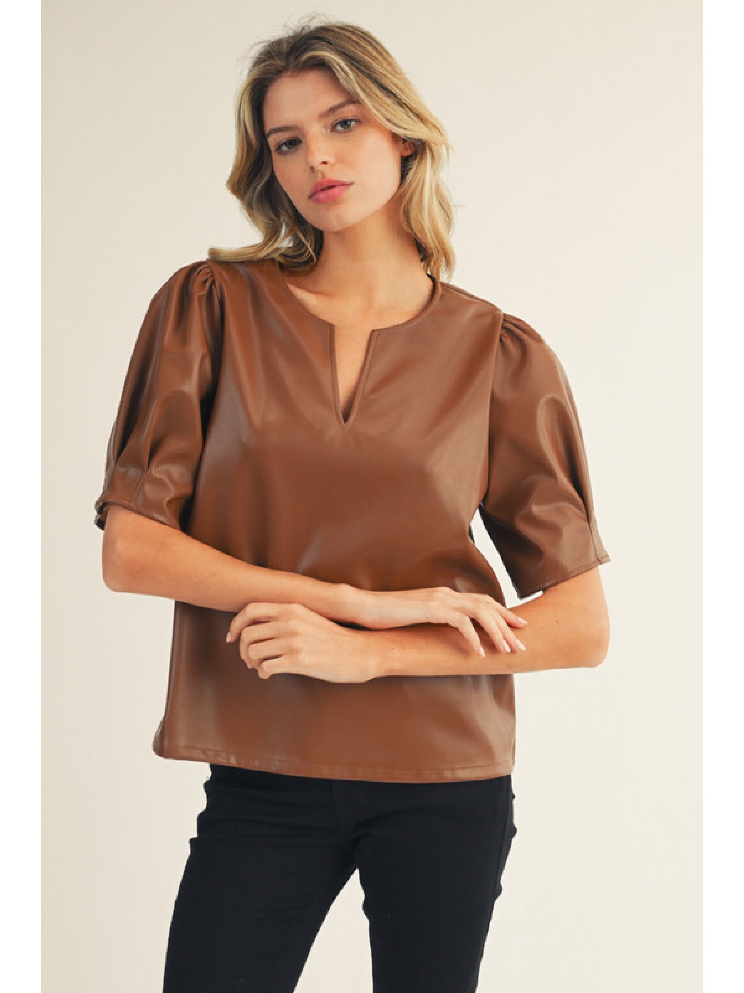 Faux Leather Short Sleeve Blouse