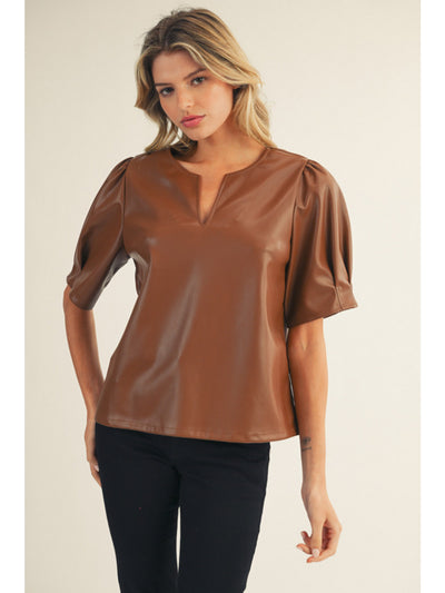 Faux Leather Short Sleeve Blouse