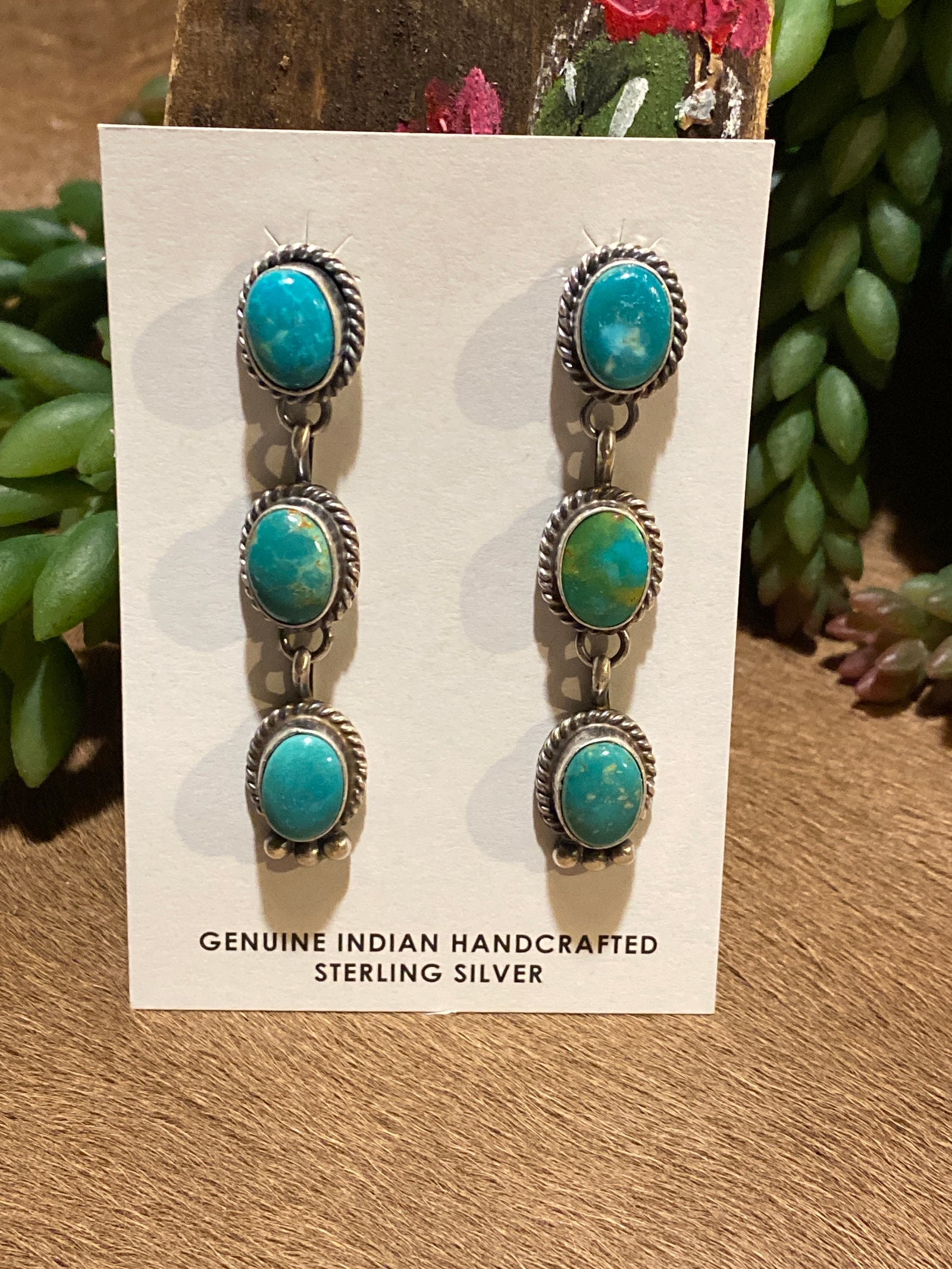 Colonial Linked Triple Oval Stone Earrings - Turquoise