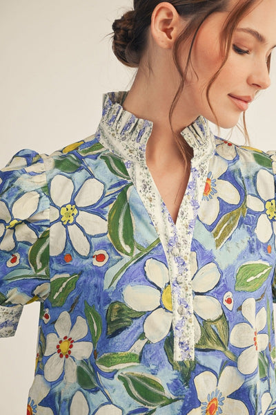 closeup of blue floral dress