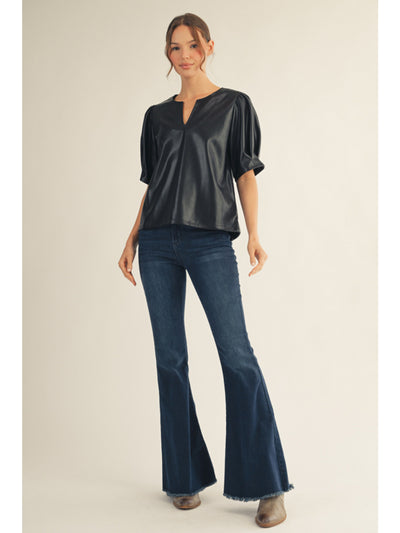 Faux Leather Short Sleeve Blouse