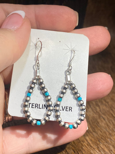 Pentathlon 3mm Sterling Navajo Pearl & Turquoise Teardrop Earrings - 1.75"