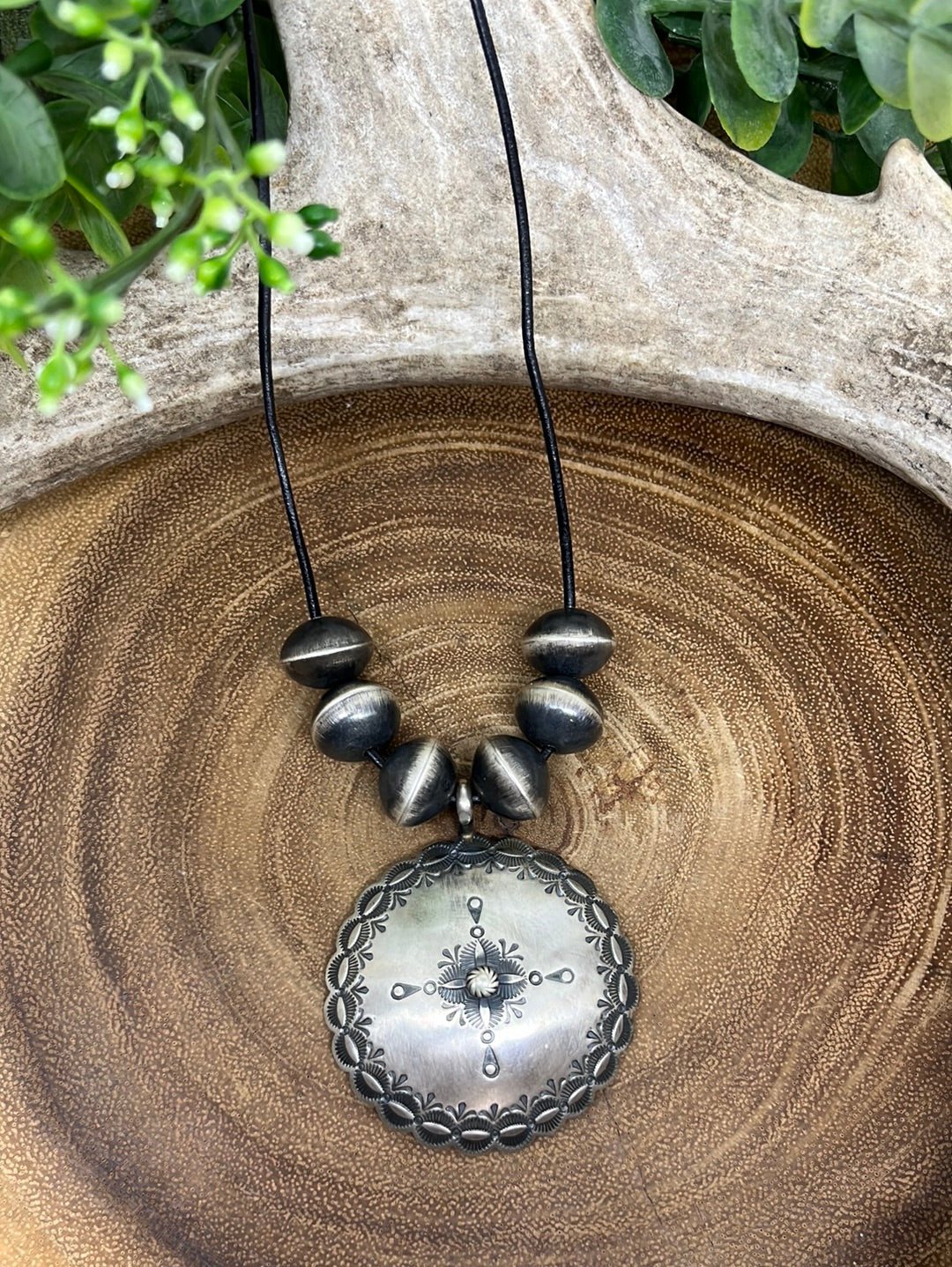 Klein Black Cord Necklace With Sterling Concho & 12mm Navajo Beads - 20"